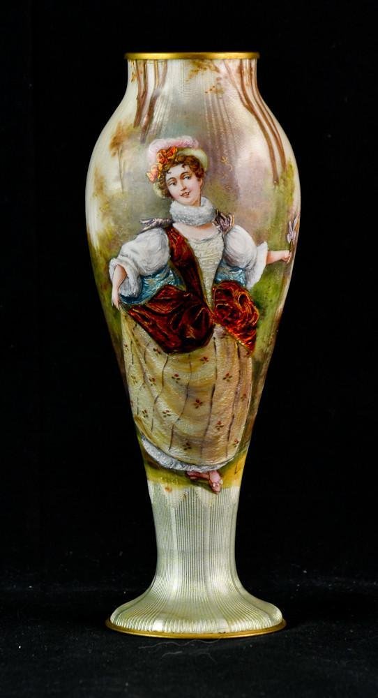 French or Viennese enamel & gilt cabinet vase: Beautiful guilloche and hand enamel decoration over gilt metal mounts. Scene of Victorian woman holding a flower in the forest. 7.5" Tall, Signed "Roy" unmarked. 19th Century. Excellent