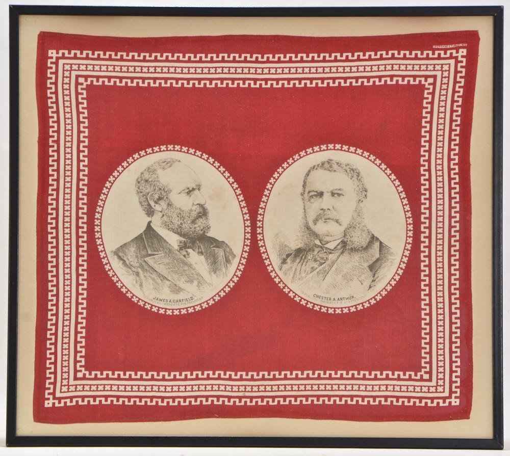 James Garfield 1880 Presidential campaign bandana: The jugate double portrait bandana in red and black over white cotton, is in excellent condition, framed under glass (not inspected out of the frame) measures 19 x 21.5 featuring James A. Garfield / R
