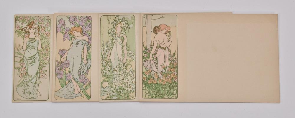 Alphonse Mucha (1860-1939) four postcards: Four Period (1897) French Postcards in unused very good to excellent condition. slight natural toning, old seller pencil price writing on the back of two each 5.5" x 3.75"