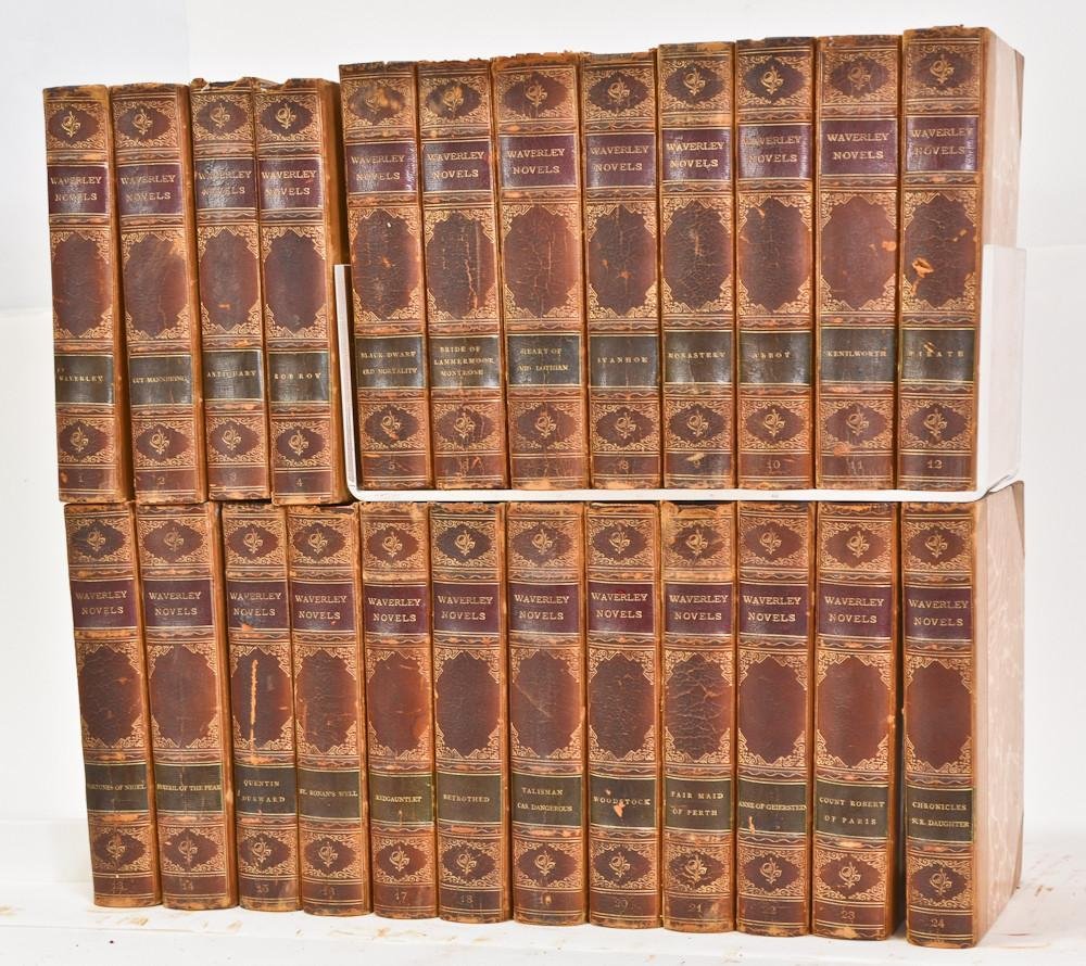 24 vols Waverly Novels: Sir Walter Scott: 3/4 Leather, 12mo. complete set of 24 volumes, undated (late 19th Century) New York, John Lovell Company. overall tight bindings, pages good, shelf wear and minor corner bumps.