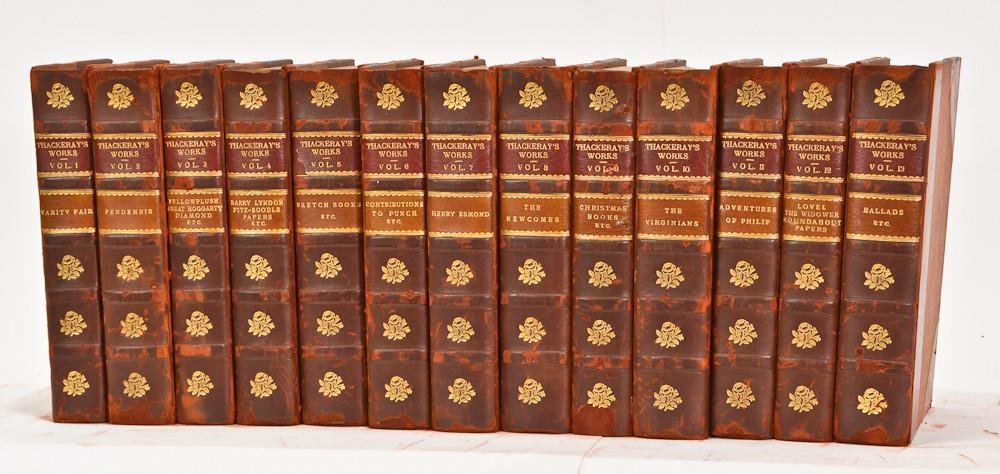 The works of William Makepeace Thackeray: Thirteen volumes complete, with biographical introductions by his daughter, Anne Ritchie, London John Murray, 1920. 1/2 Red leather over cloth boards, gilt spine with raised bands, gilt top edge, octa
