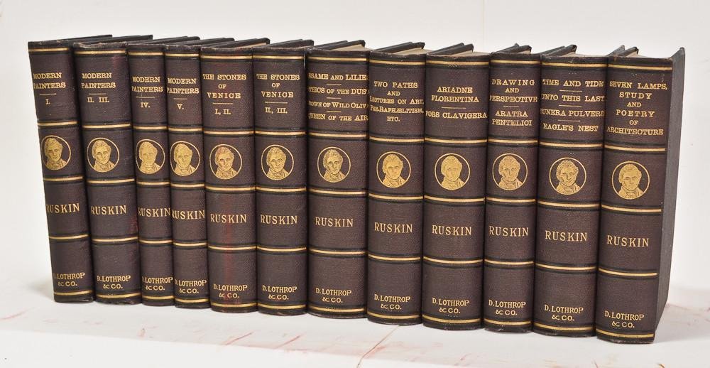 12 Vols. John Ruskins works: 12 Volumes complete, Textured cloth boards with gilt spine lettering, octavo, John Wiley & Sons New York 1885 Revised and enlarged edition. very good condition.
