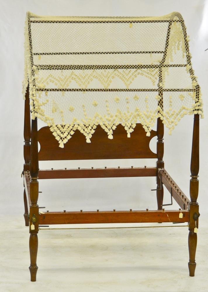 19th C. Mahogany four poster canopy rope bed: Refinished, complete, very good condition. Outside measurements: 86" H x 78" L 55" W, inside rails measurements: 51" W x 73" L