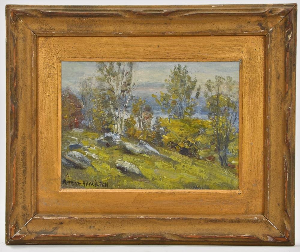 Robert Hamilton 1877-1954 Woodland Landscape: Oil on canvas panel in period gilt frame, signed Lower Left, work measures 10" x 8" Work is clean and bright, very good condition. frame with minor losses, overall good.