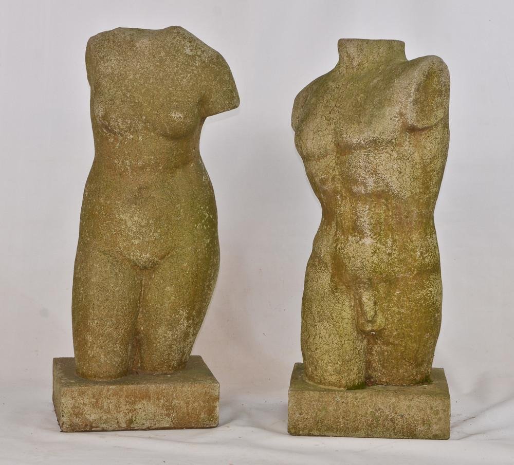 Pair of Concrete Garden Figures: In the manner of Greek Marble Carved Statues, cast stone (concrete) dated 2003, marked illegibly. Patina from being kept outdoors. each 31" Tall, very heavy. Excellent condition.