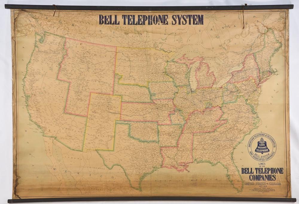 Bell Telephone System U.S. Map: Double rolled map with wood bars at top and bottom. Dated 1909 Measures 55" Tall, 80" Wide. Damage and moisture marks at top and bottom. please see photos, or call for condition report.