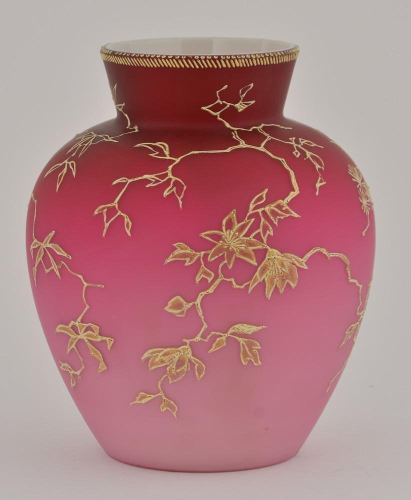 Victorian Peach Blow Coraline Art Glass Vase: Cased pink and white glass, with gold decorated butterfly and wasp. minor losses to decoration, but overall excellent condition. unknown maker: manner of: Smith Bros, Thomas Webb, Mount Washington, Ne