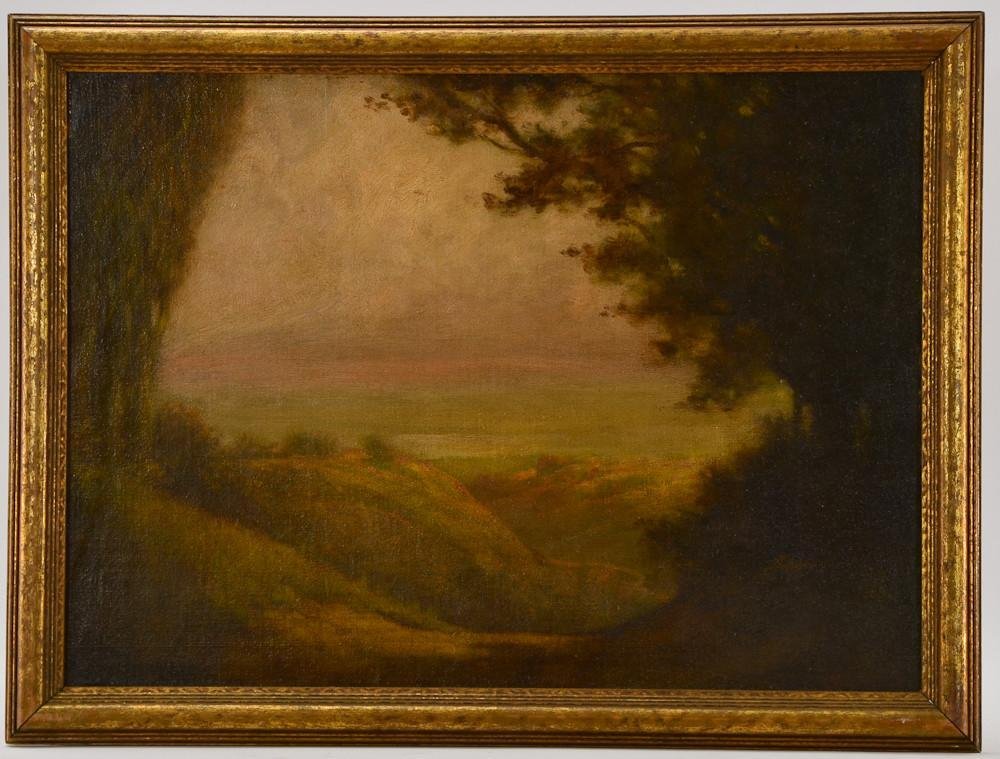 American School Tonal Landscape: Oil on Board, Signed Lower right: A. Bierstadt. board bears a label that reads: The Lexington Art Shop INC. NYC. work measures 16.5" x 22.5" and frame measures 19" x 25"
