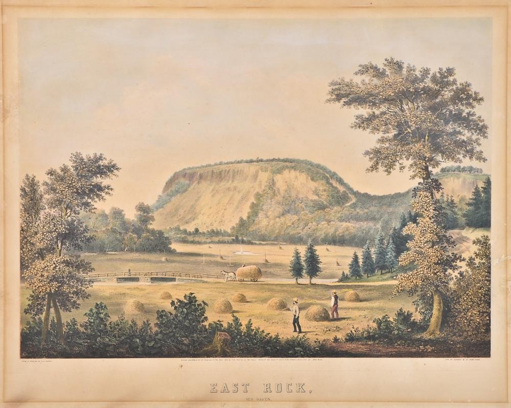 After G.H. Durrie East Rock New Haven CT: Lithograph print by Saxony New York, dated 1853, toned, image area is good, margins exhibit some loss, print is unmounted and loose. Paper measures 24" x 19"