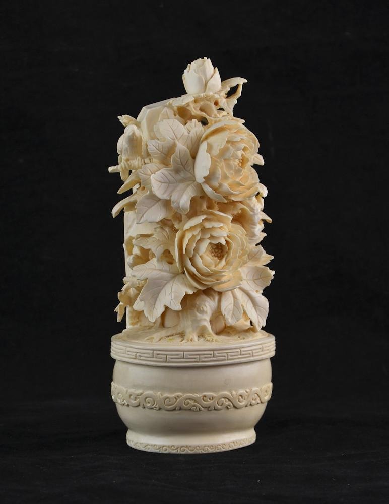 Chinese Ivory Carving of Flowers and Bird: Carved Tusk Ivory, 7" Tall, minor losses to tiny sections, Very finely carved, signed on back, overall excellent, late 19th or early 20th Century.