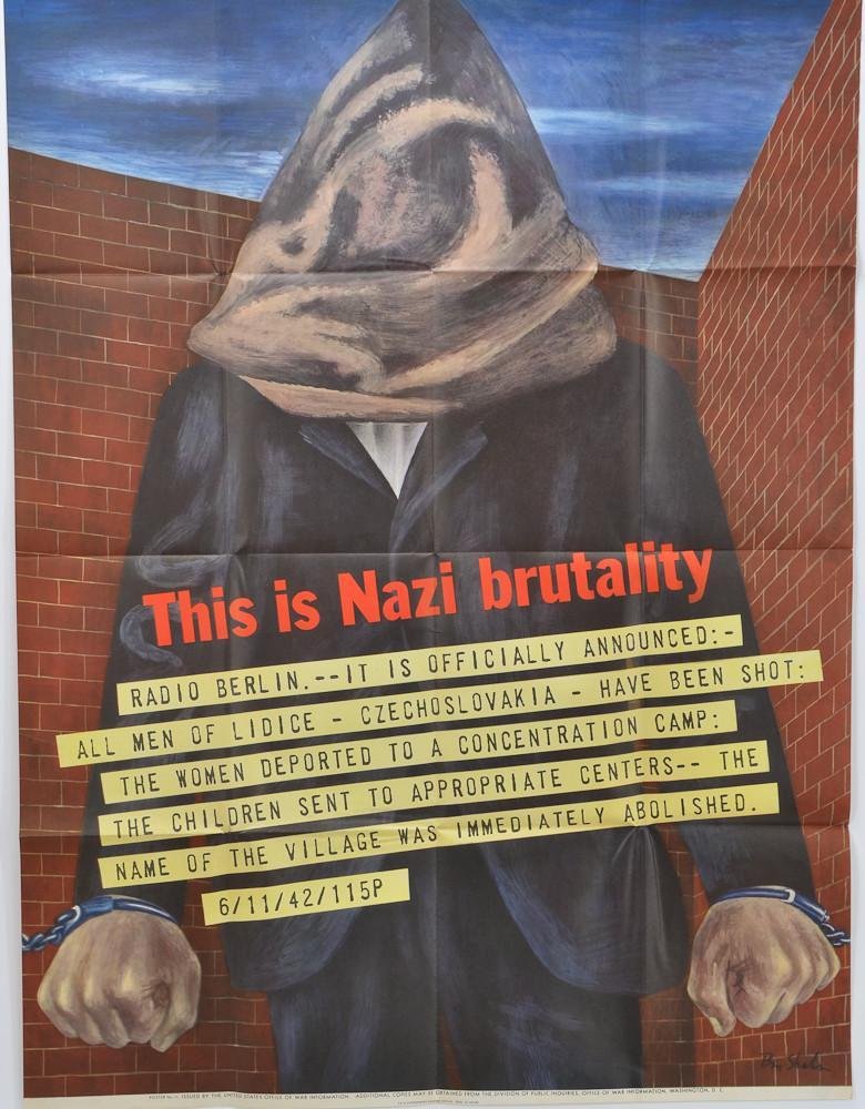 Ben Shahn WWII Propaganda poster: Original poster: "This is Nazi brutality" depicting a hooded and handcuffed man in front of a brick wall. Poster no. 11, dated 1942 . 38" x 28" in excellent bright clean condition