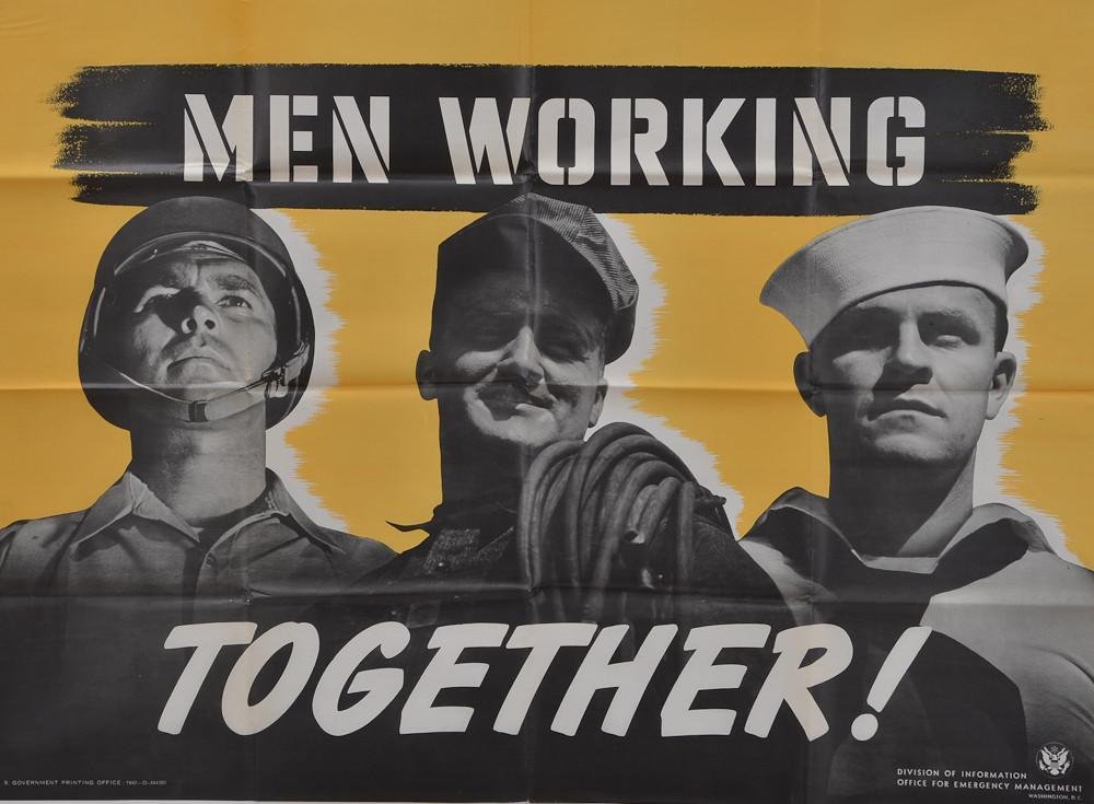 Four WWII "Production" Propaganda posters: Group of four posters, three from the War Production Board, all dated 1942, each measures 40" x 28" each has been stored folded, and exhibits toning and edge handling. includes "United