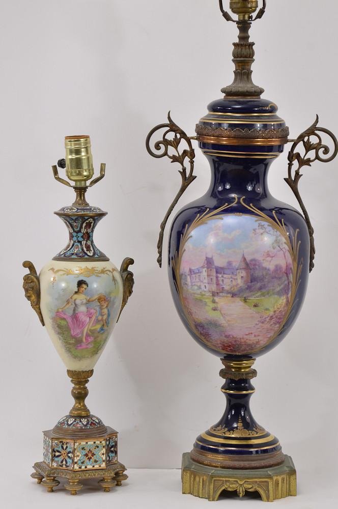 Two French Porcelain & Ormolu Mounted Lamps: The first 17" Tall, with hand decorated Sevres-Style porcelain vase on enamel decorated bronze mounts. Signed "FRANCE" on the bottom. and Lefevre on the porcelain. The second; a cobalt