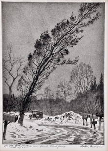 Martin Lewis Drypoint Engraving: Car with Mailboxes and Tree at night. Excellent condition, bright and clean. Paper measures 10" x 14.5" impression (plate) measures 7.25" x 10". Pencil signed "For Mrs. Joel A