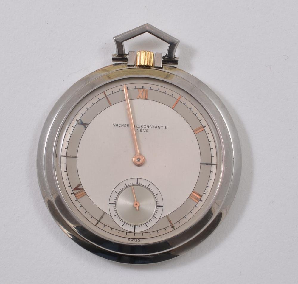 Vacheron & Constantin Geneve Swiss Pocket Watch: In original case, with paperwork. face diameter approximately 1.5". Sta-brite case, excellent cosmetic condition. Model 4243. not running.