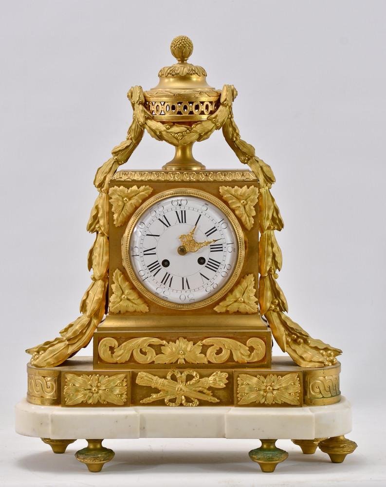 French Empire Gilt Bronze Marble Mantle Clock: 19th Century, large size: 20" tall, 16" wide, spectacular clean and bright original condition on this clock. Works Stamped G. CH.