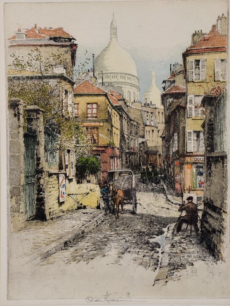 Robert Kasimir Large Size Drypoint Aquatint: French Cityscape, image measures 13" x 17" signed in pencil lower center. framed, not inspected out of the frame. Frame size: 21" x 25" frame with minor surface losses, work is in 