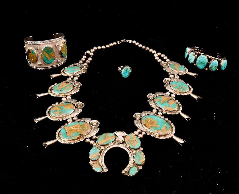 4 pcs Native American Silver Jewelry: in the Navajo Indian style, Excellent Turquoise and silver Squash Blossom Necklace, Ring, and two cuff bracelets. all signed "R. Yellowhair" no sterling mark. all of excellent quality and cr
