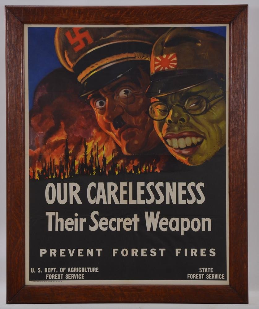 WWII Nazi Japanese Propaganda Poster: Featuring Hitler and Tojo. Reads: Our Carelessness, Their Secret Weapon, prevent forest fires. U.S. Dept of Agriculture, State Forest Service. Poster is framed under glass, measures 22" x 28"
