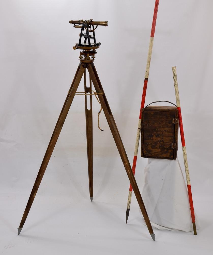 C. L. Berger Brass Surveyors Transit: With original wood case, tripod and measuring rod. Appears complete. Optics seem a little "foggy" but device works properly. Compass and level in working condition.