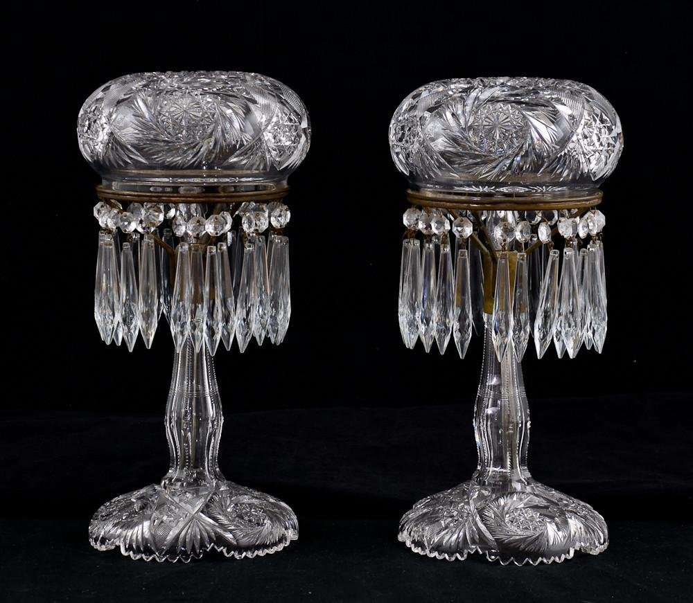 Pair of American Brilliant cut glass lamps: Beautiful boudoir size mushroom-form shade lamps. Early 20th Century. Very similar to the Pairpoint and Miller Lamps of the era. Each measures 13: tall and 6" wide at the shade. Overall very good
