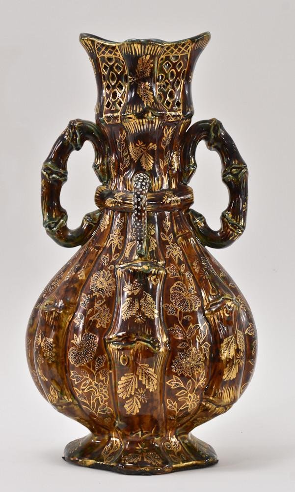 Fischer J. Budapest Zsolnay Pottery vase: Incised, pierced, and glazed enamel decoration throughout. excellent condition. no chips, damage or repairs. 16" tall, 9" wide