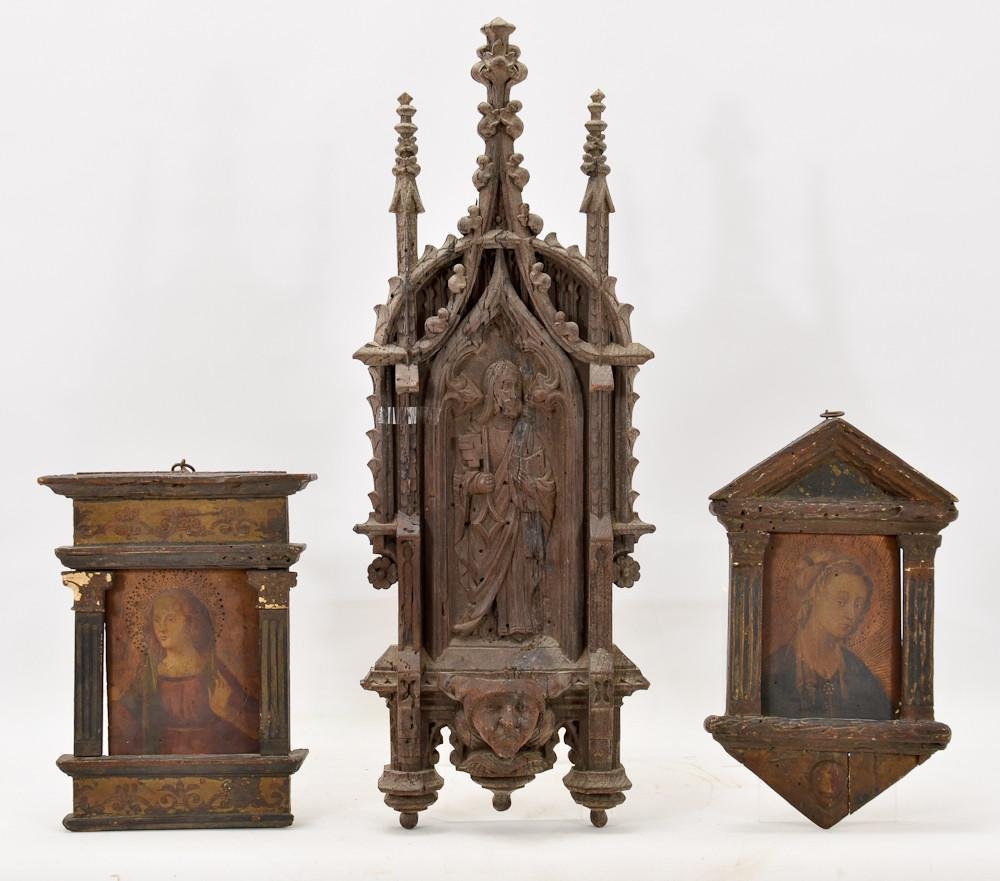 Three Antique Carved and Painted Religious Icons: Most likely Italian, Roman Catholic, 19th Century or earlier Darkened paint, gesso and carved wood. the largest, being 24" x 8" and the smallest being 12" x 7"