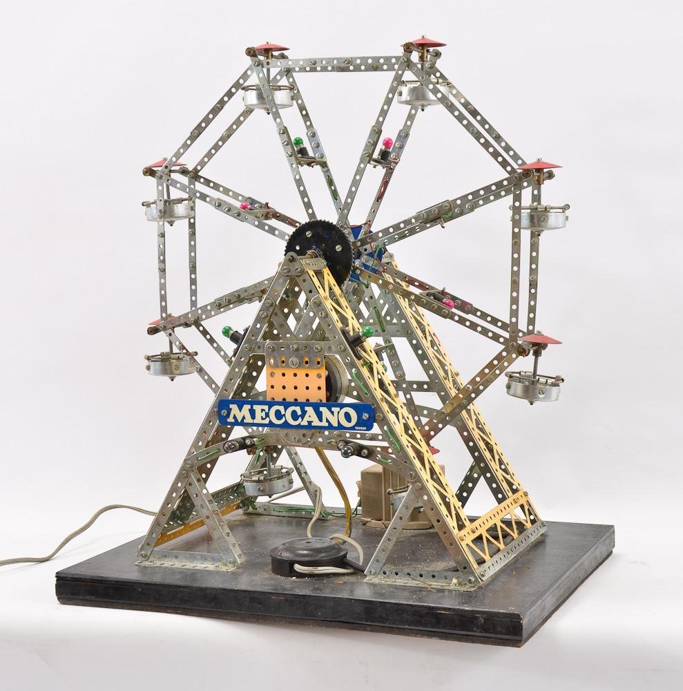 Meccano Vintage Ferris Wheel motorized toy: complete, assembled and working. 22" H x 19" W x 15" D.