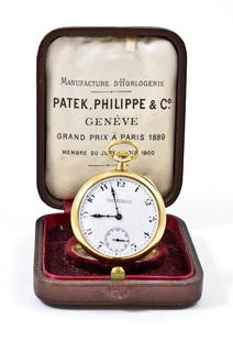 Patek Philippe & Co. 18K Men's Pocket Watch: The Open face watch In original box, late 19th or early 20th Century. Excellent running condition. minor marks at the tab to open the case. Marked inside 18K, PPC, 20 Jewel Movement, also engraved: &q