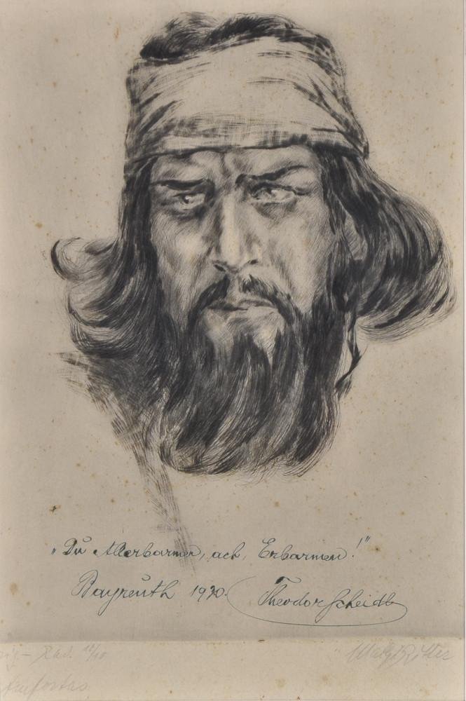 Theodor Scheidl, Engraving & Signature: Engraving by unknown artist pencil signed on lower margin. numbered 10/10 (or 70/70) Signed in ink by the Opera Singer Theodore Schiedl in Bayreuth 1930. Image measures 16" x 12" (by sight) 