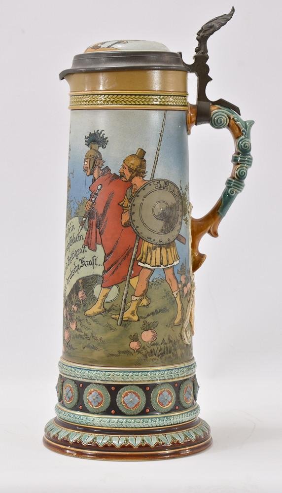 Mettlach German Pottery Beer stein #2095 Large 2.5L: Hand colored in glazed and matte finish. Incised pottery stein with bright and beautiful colors. Villeroy & Boch, Signed by artist Heinrich Schlitt. 15.5" tall, handle, body, lid, interior an