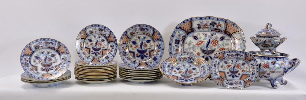 40 pcs English Imari Style Ironstone: Similar to Mason's and Worcester pieces, this cobalt and gilt decorated "flow blue" set is unmarked aside from the hand-painted number "1900". Most pieces are in good conditi