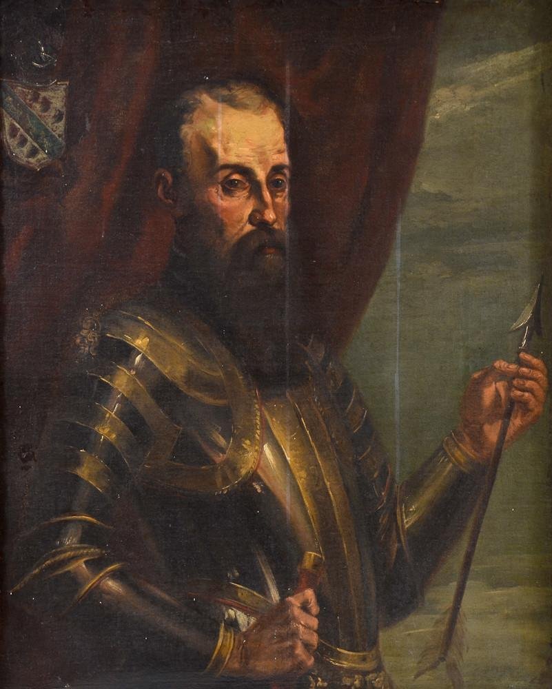 Old Master Oil on Canvas Portrait: Italian or Spanish School Old Master Portrait of a Conquistador style bearded man in armor holding an arrow with Family crest in the upper left corner of the work. Work is likely 18th Century. Relined