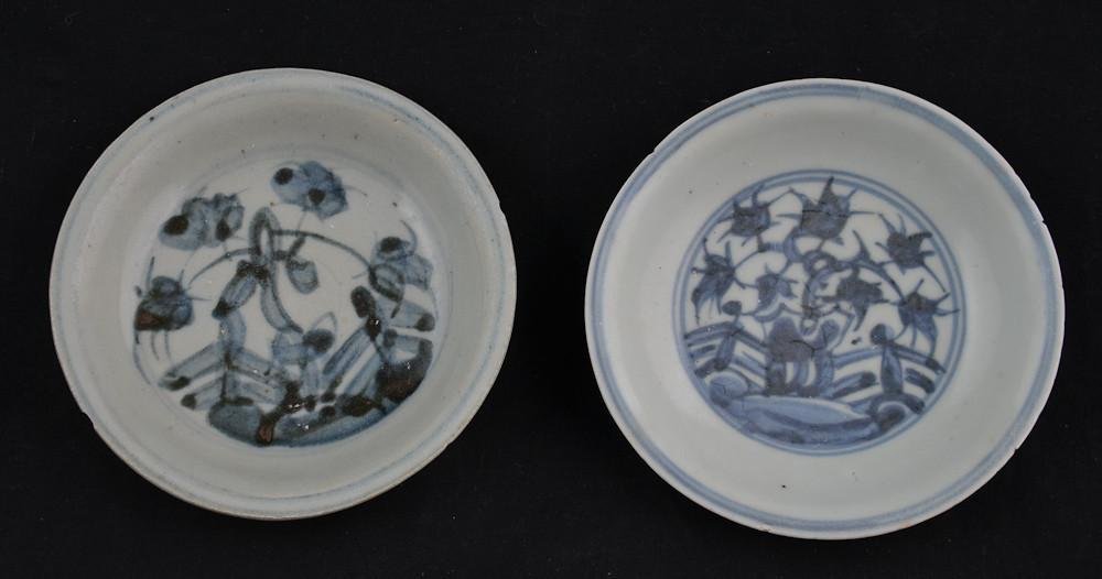 Two Chinese Ming style Blue and White porcelain dishes: Each 5" diameter, chipping to edges, overall good. unmarked, likely of the period.