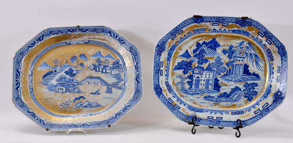 Two Large Chinese Canton Export Platters: 18th Century Chinese Porcelain Meat Platters in excellent condition with blue and white decoration and gilt fields. Porcelain in excellent condition, with only minor edge chips, and nor major damage o