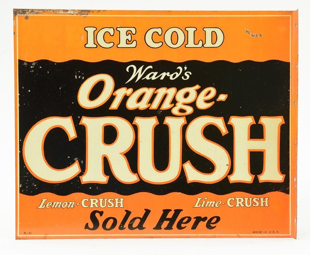 Ward's Orange Crush Flange Sign: Original Lithographed Steel Sign Advertising Ice Cold Ward's Orange Crush, Lemon Crush, and Lime Crush Sold Here. light rust and oxidation to edges, overall very good. 9" x 11"