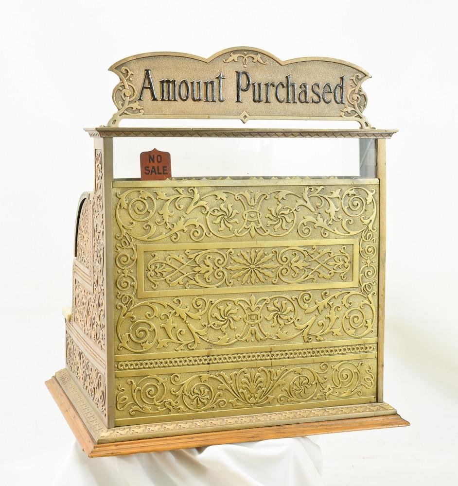 National Cash Register Class 38 1901: Cleaned, and restored. Bronze and nickel. Topper may be a later replacement. Overall very clean and working. Marble repaired in several places. 21.5" tall, 17" deep, 18.5" wide.