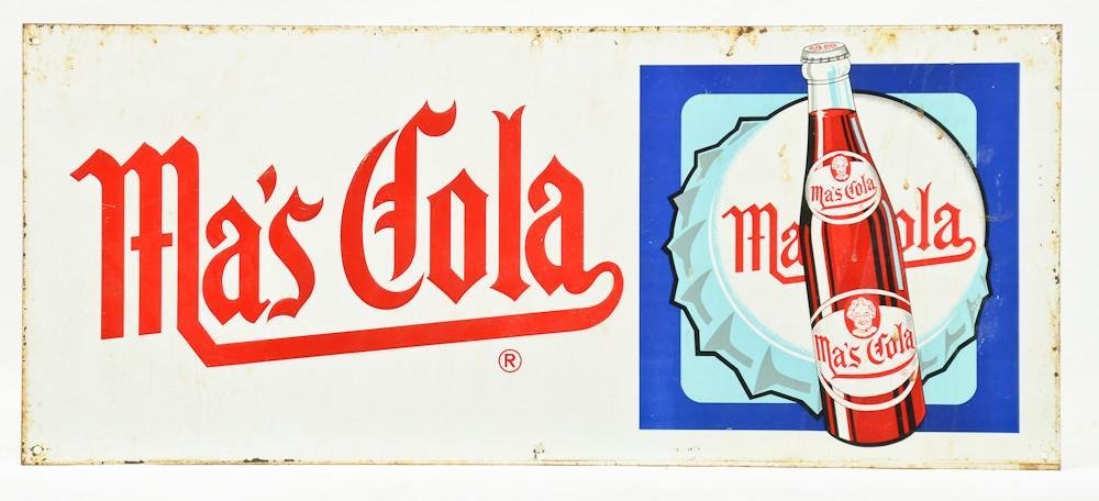 Ma's Cola Soda Advertising Sign: Original Embossed Steel lithographed sign. Light edge rust, overall good. 12" x 28"