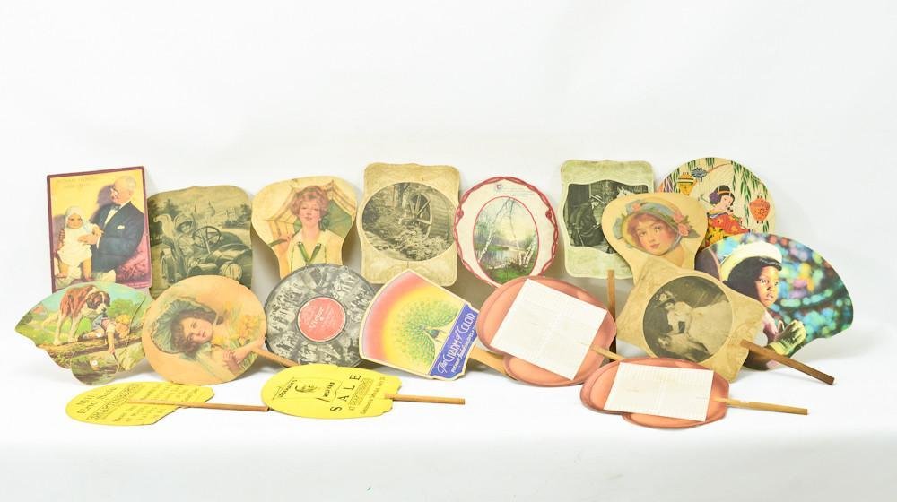 Group of 19 Paper advertising fans: All original Advertising Fans from the late 19th and early 20th Century. some with fading and tears, but most in good condition. Includes Lockhart's Shopping center in New Haven CT, the Vnace County C