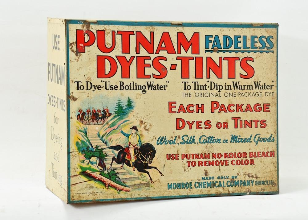 Putnam fadeless Dyes-Tints Advertising Display: Great Steel lithographed counter top display case full with original dye packets. some rust and surface loss. 15" tall, 19" wide, 8" deep.