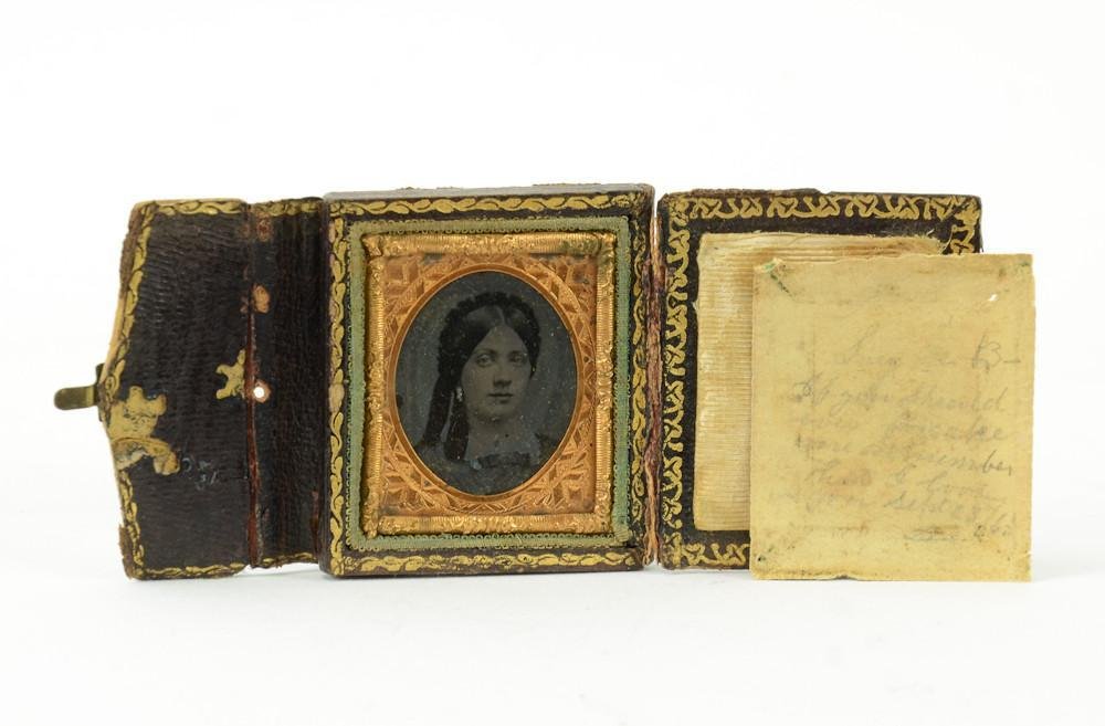 Civil War Sweetheart Photograph in Case Signed note: Sweetheart photograph with hand written love note. Picture is of Lucy Brown. Photo was carried by Alonso Witten. Love note, signed by Lucy is dated September 23, 1863. Measures