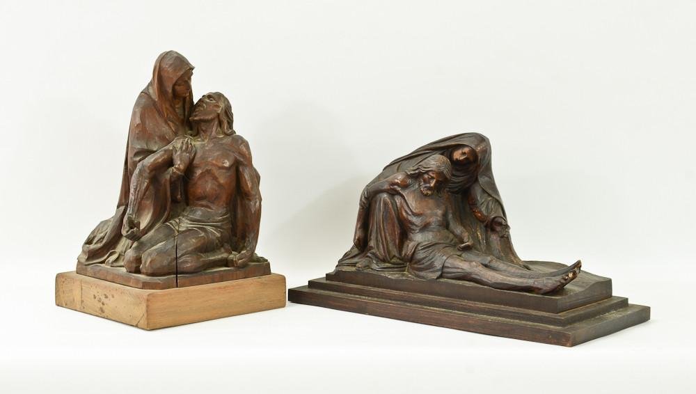 Two Carved Wood Christian Figures: Each of Mary Assisting Jesus. Very nicely carved and detailed. Estate Fresh Statues from a great religious Catholic family in New Haven CT. One figurine is unsigned, the other bears the initials "