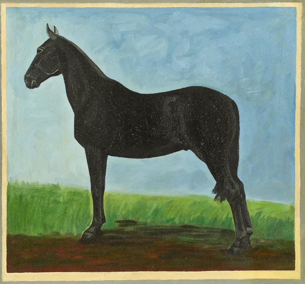 Oil On Board Painting Black Horse Equine Study: Oil on board, black horse in field. Possibly an equine figure study, or a rendering of the black horse before his notorious ride with the third horseman, or maybe it's Black Beauty. Nicely
