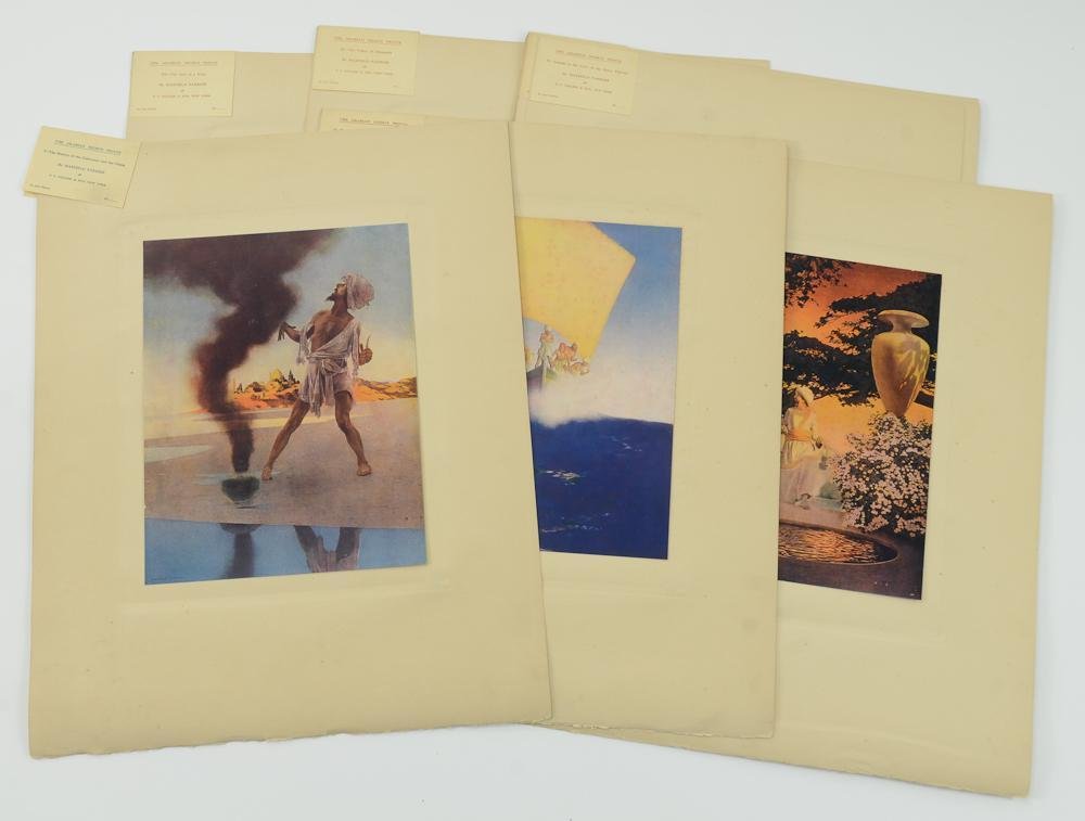 Maxfield Parrish: Arabian Nights Prints: De Luxe Edition P.F. Collier & Son New York, unnumbered. Collection of twelve original color lithograph prints floating on hand cut paper back boards. prints each measure 9" x 11.5" back