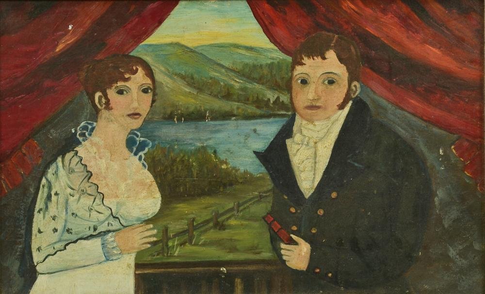 American Folk Art Double Portrait: 19th Century. This is a charming Double Portrait of a man and a woman at a window with a river landscape through the curtains. Oil on Canvas. Work measures 16" x 10" and frame measures 18&qu