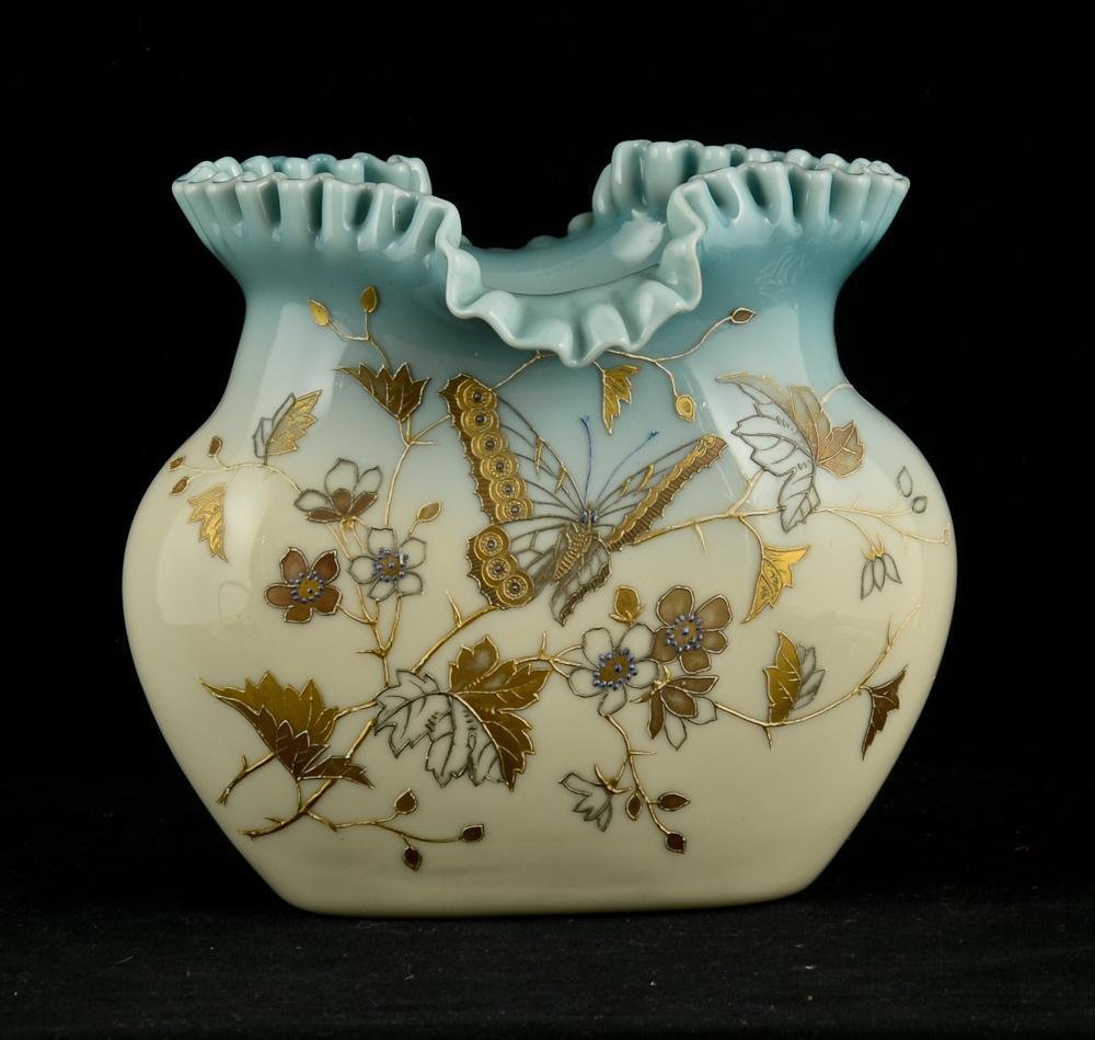Victorian Art Glass & Enamel Butterfly Vase: Hand blown, polished pontil. Finely detailed gold enamel over blue and cream colored glass. Thick and very high quality piece in the Manner of Thomas Webb. Possibly and insert for a silverplate piece