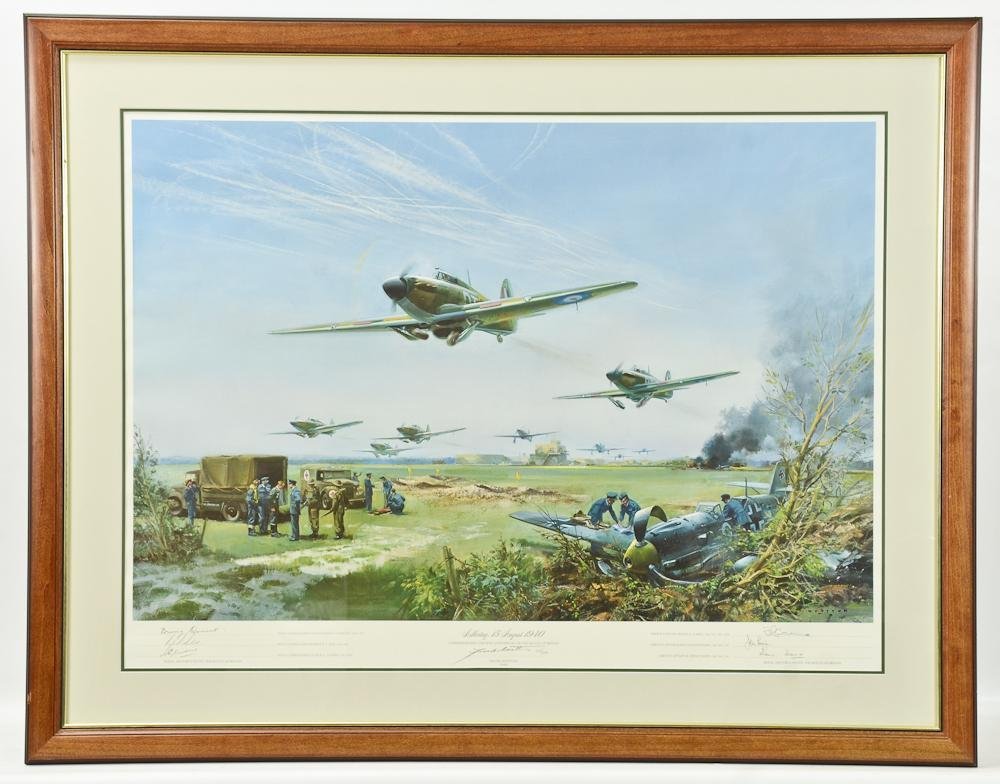 Frank Wootton WWII Aviation Print: Limited Edition Greenwich Workshop print: 723/1500, Signed by the artist and countersigned by Three Wing Commanders and Three Captains from the Battle of Britain in 1940. Work measures 34" x 23.7