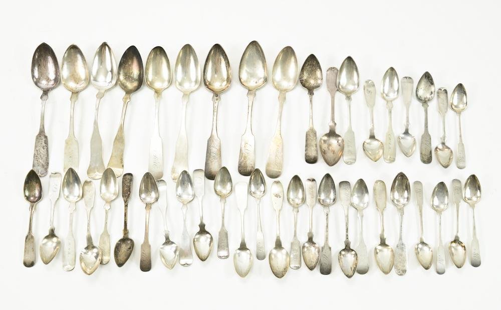 Over 40 pcs: American Coin Silver Spoons: Most coin Silver, Some marked Sterling, A few English, Names include: Pitkin, Newton, Benjamin, Wolfe, Biggins, Knight, Harding, Miller, Olmstead, Palmer, Bach, Stockman, etc. Size varies, all in good