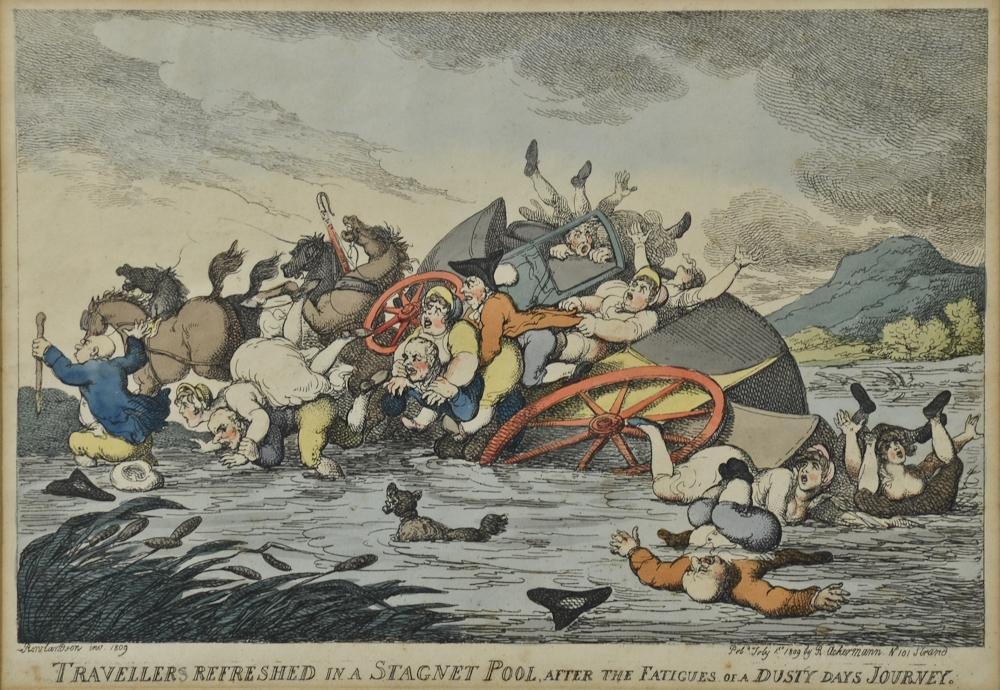 Thomas Rowlandson Colored Etching: A colored etching framed under glass. Title: Travellers Refreshed in a stagnet (stagnant) pool after the fatigues of a dusty days journey. Marked: Rowlandson 1809, Pub July 1st 1809 by R. Ackermann N.