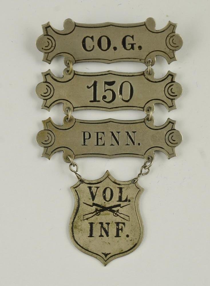 Civil War Ladder Badge Co. G 150 Penn: Four Section Ladder Badge from Company G. 150th Pennsylvania Volunteer Infantry. 3 1/2" x 2". Label reads: Organized 9/62 Stones Bucktail Brigade Doubleday Div. ast AC. Performed armed